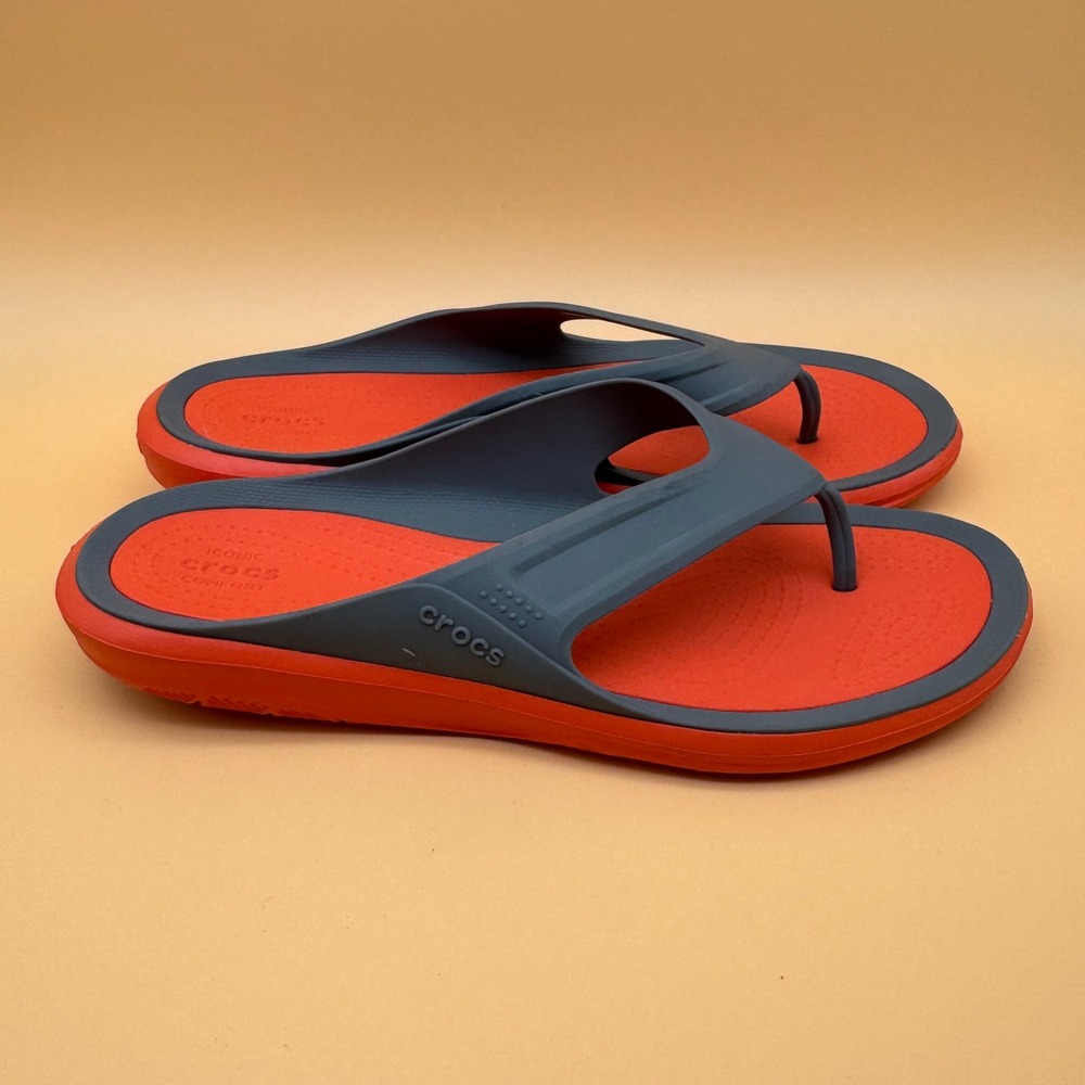 Crocs Mens Size‎ 12 Flip Flops Thong Sandals Orange Gray Comfort - Picture 5 of 10